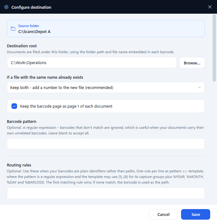 The Configure destination dialog showing destination root, collision handling, separator page option, barcode pattern and routing rules.