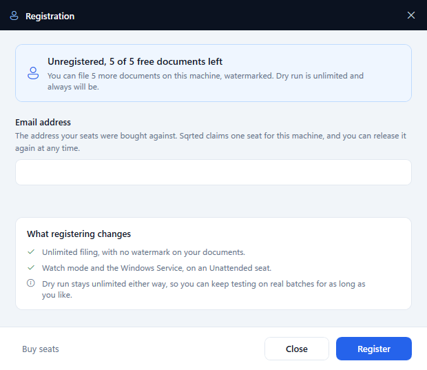 The Registration window showing the unregistered state and an email field.