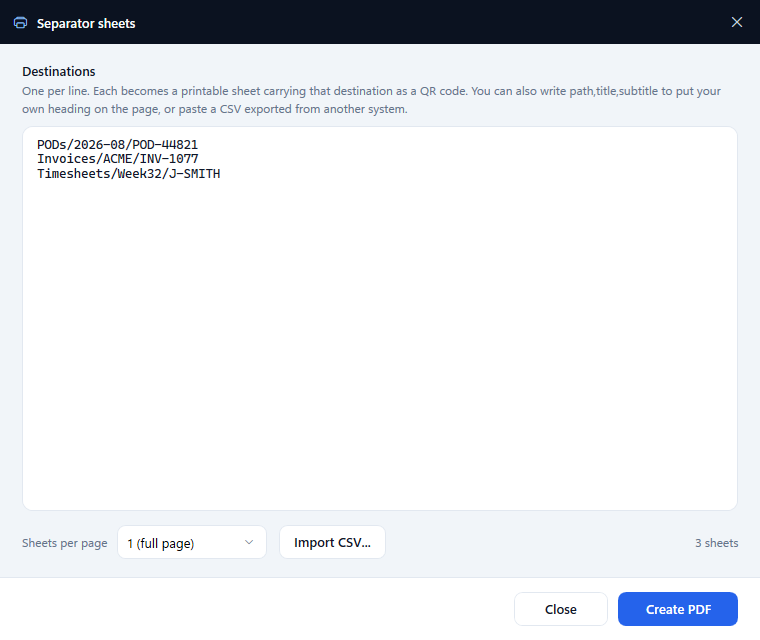 The Separator sheets window with three destinations typed in and a sheets per page selector.