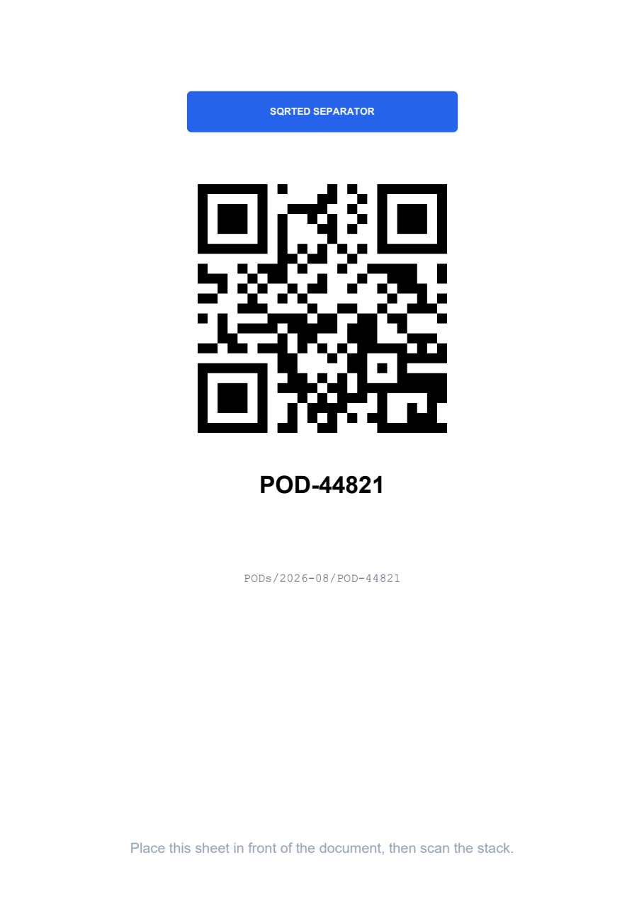 A printed separator sheet with a large QR code and the destination path underneath.